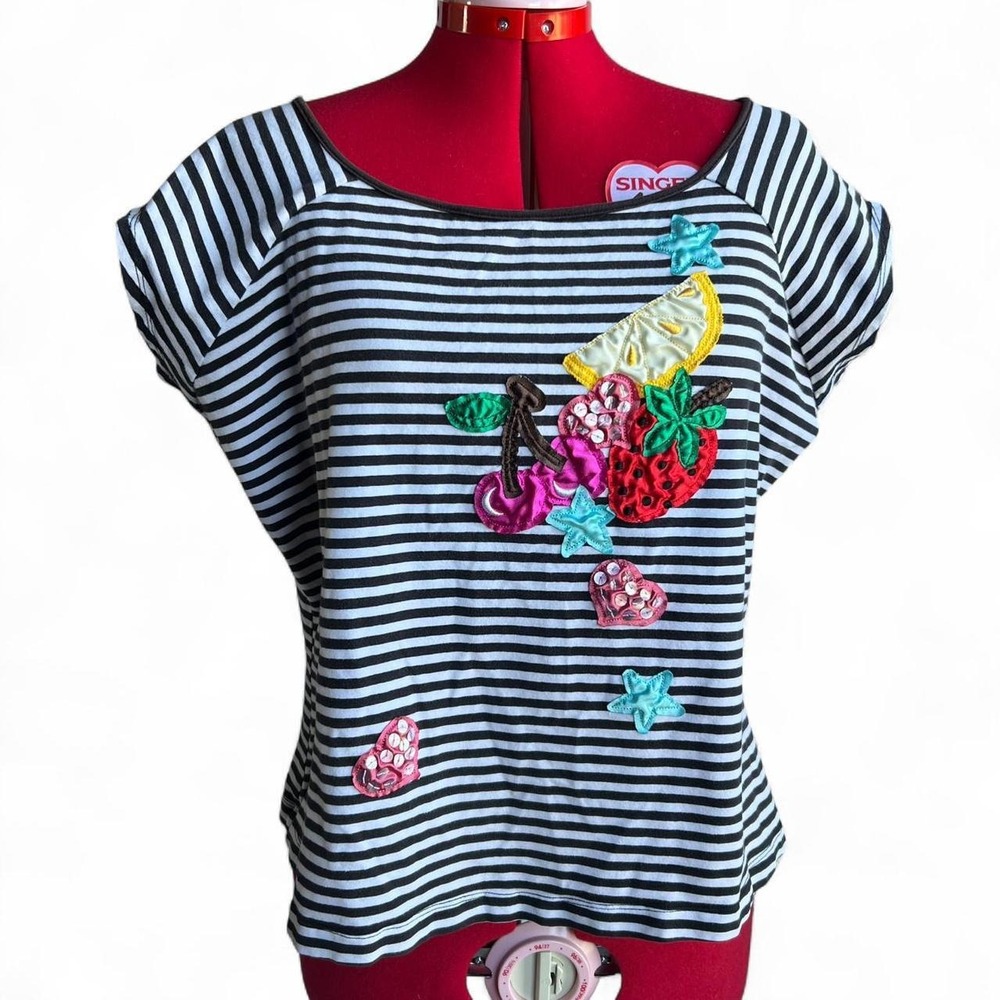 Thalia Sodi Black And White Striped Cherry, Lemon, Fruit Top Womens Size 1X